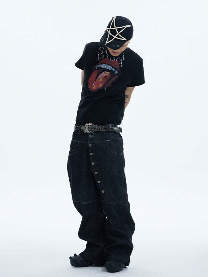 Asymmetric Button Wide-Leg Denim Pants