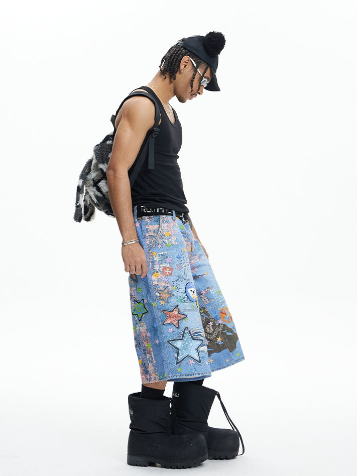 Star Graffiti Art Denim Short Pants
