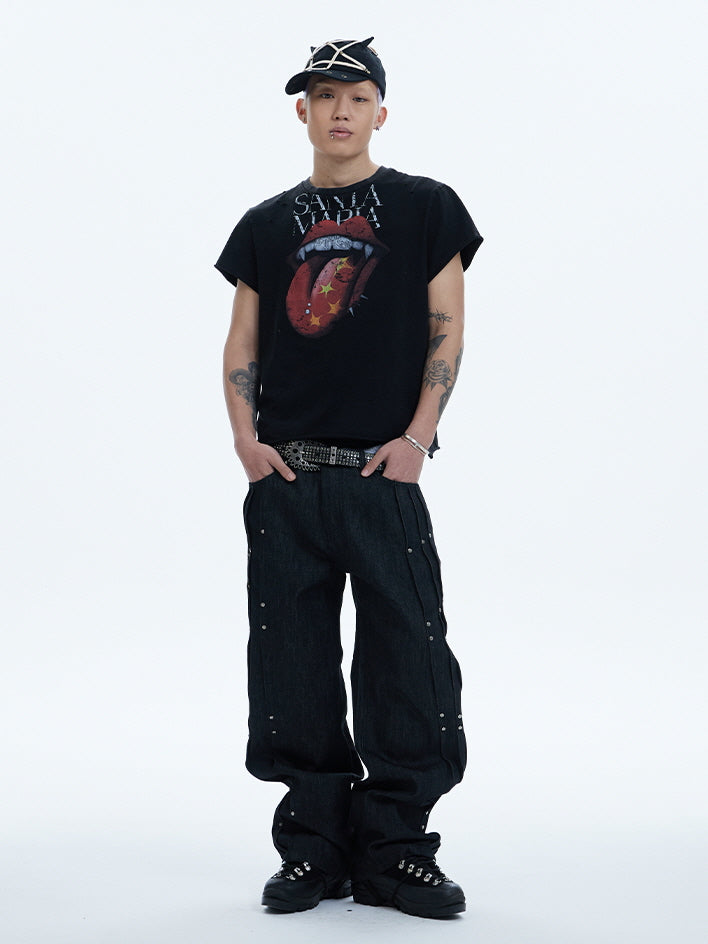Industrial Rivet Line Wide Black Pants