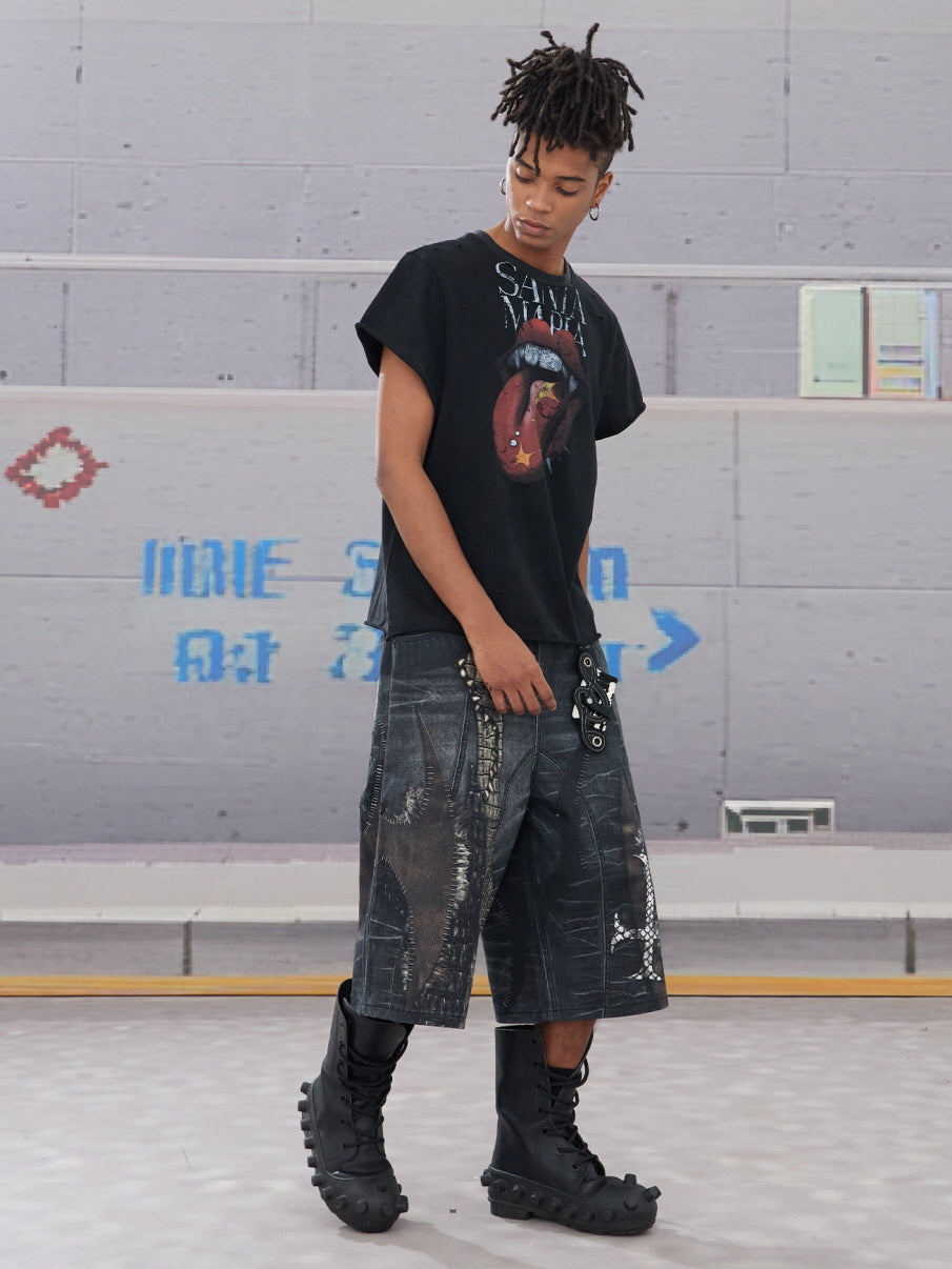 Reptile Patchwork Denim Shorts