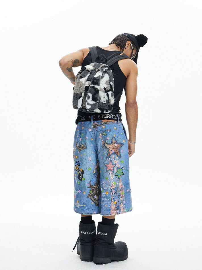 Star Graffiti Art Denim Short Pants