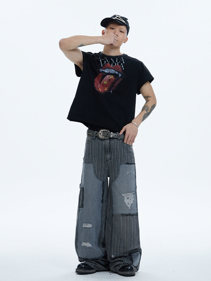 Rework Style Pinstripe Patch Wide Pants