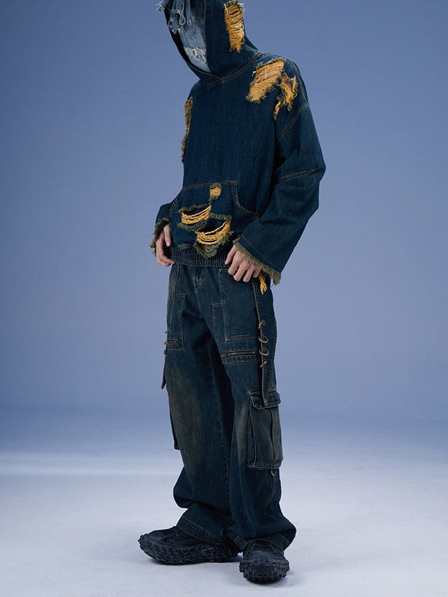 Metal Loop Detail Wide Denim Cargo Pants