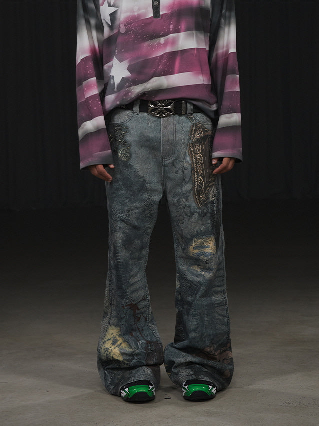 Industrial Graffiti Washed Wide Jeans