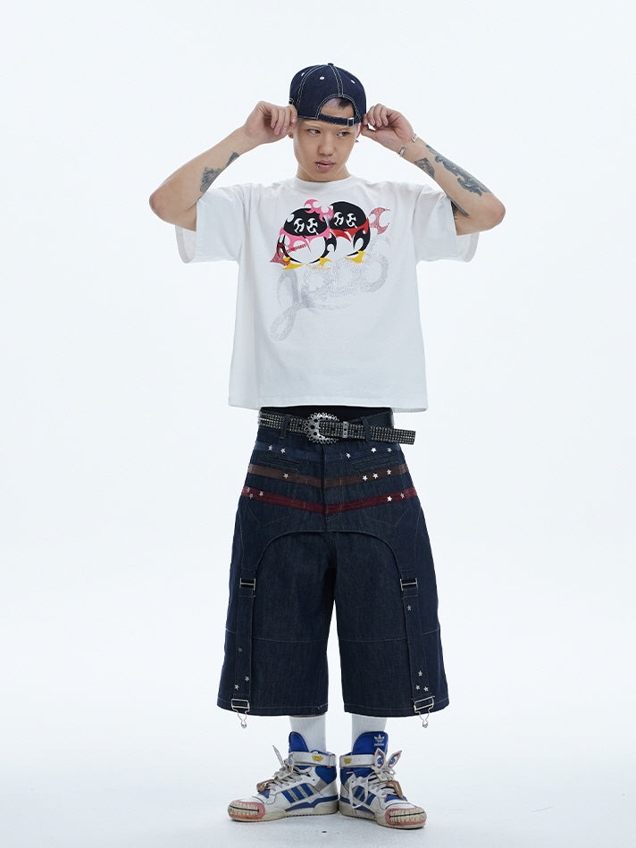 Star Panel Wide-Leg Denim Short Pants