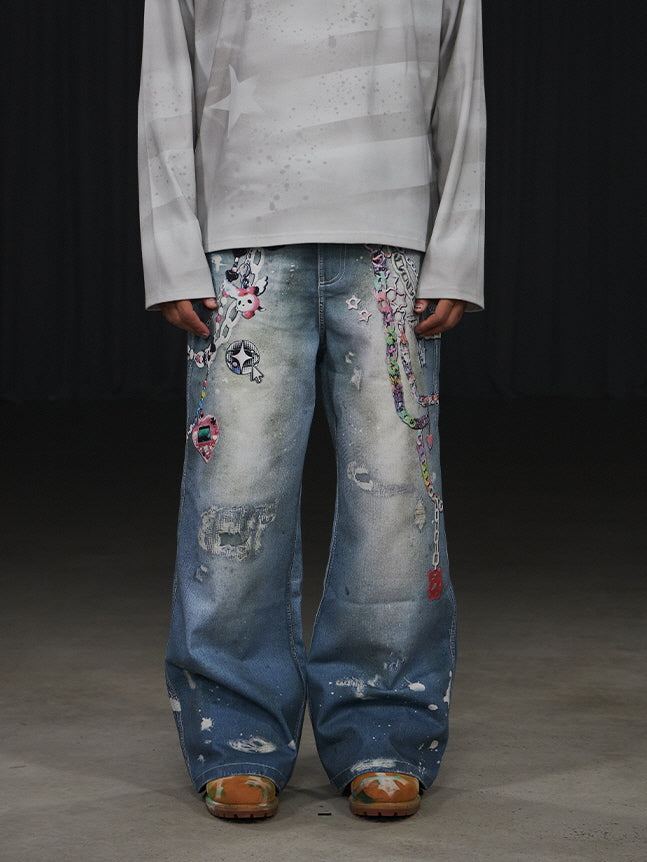 Charm Chain Graphic Wide Jeans