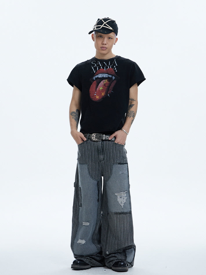 Rework Style Pinstripe Patch Wide Pants