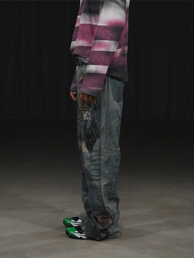 Industrial Graffiti Washed Wide Jeans