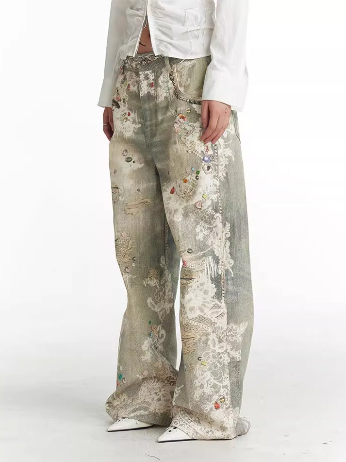 Gem Embellished Lace Patchwork Denim Pants