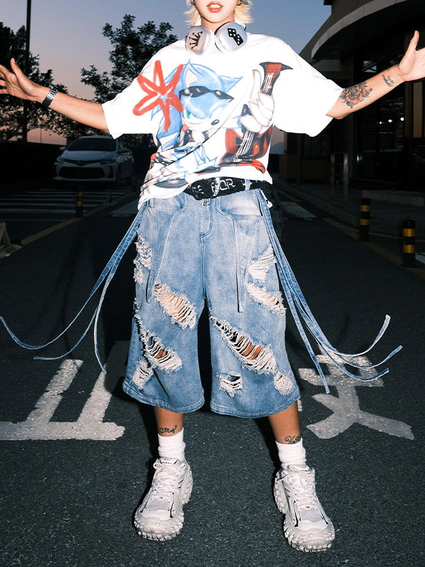 Deconstructed Strap Denim Shorts