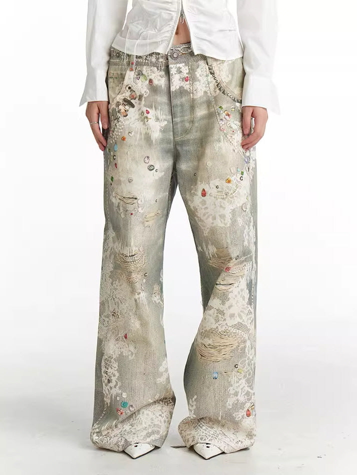 Gem Embellished Lace Patchwork Denim Pants