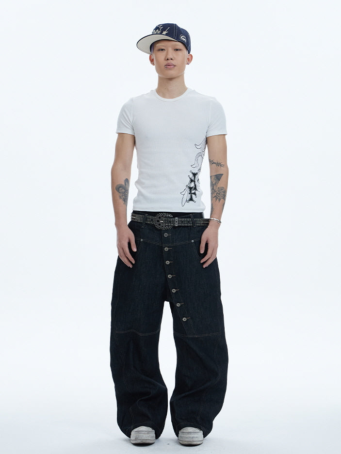 Asymmetric Button Wide-Leg Denim Pants
