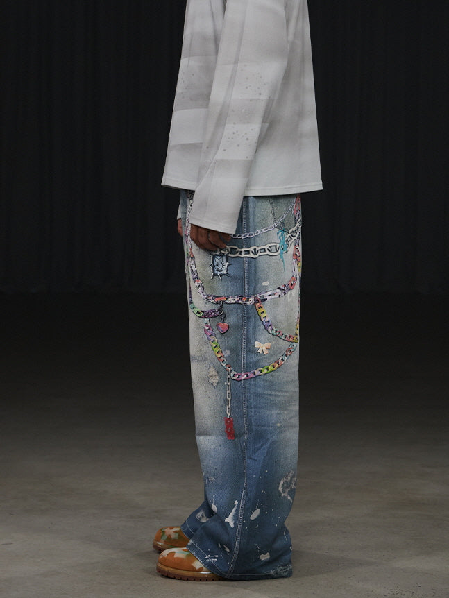 Charm Chain Graphic Wide Jeans