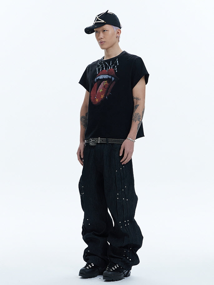 Industrial Rivet Line Wide Black Pants