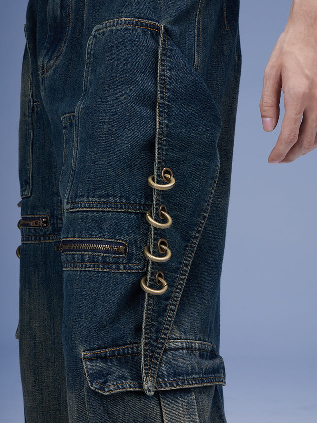Metal Loop Detail Wide Denim Cargo Pants