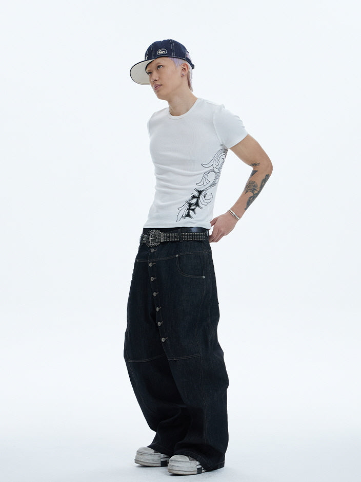 Asymmetric Button Wide-Leg Denim Pants