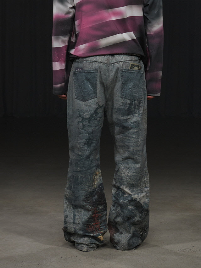 Industrial Graffiti Washed Wide Jeans