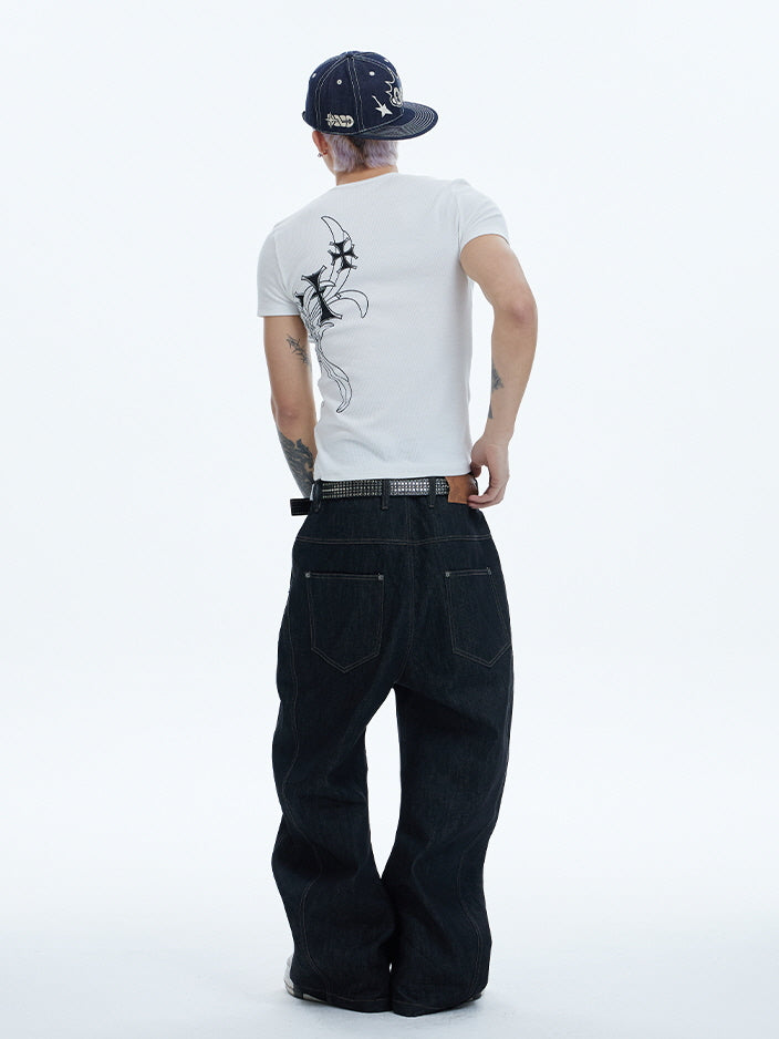 Asymmetric Button Wide-Leg Denim Pants