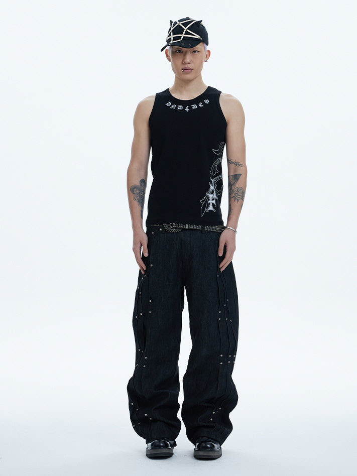 Industrial Rivet Line Wide Black Pants
