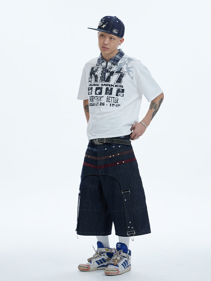 Star Panel Wide-Leg Denim Short Pants