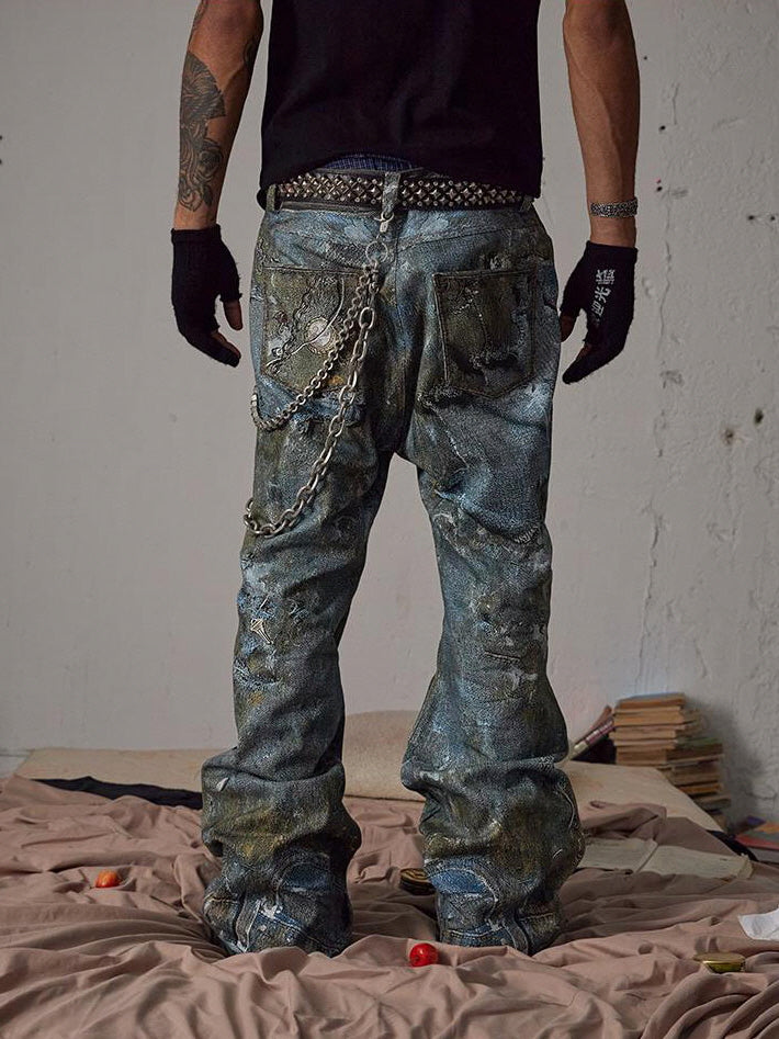 Cyber Grunge Printed Chain Denim Pants