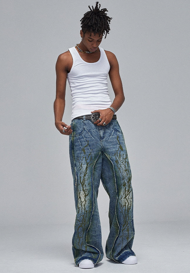 Abstract Splatter Washed Wide Denim Pants