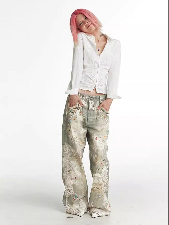 Gem Embellished Lace Patchwork Denim Pants