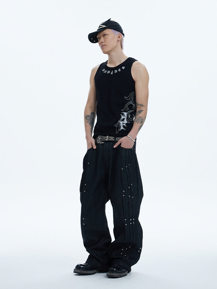 Industrial Rivet Line Wide Black Pants