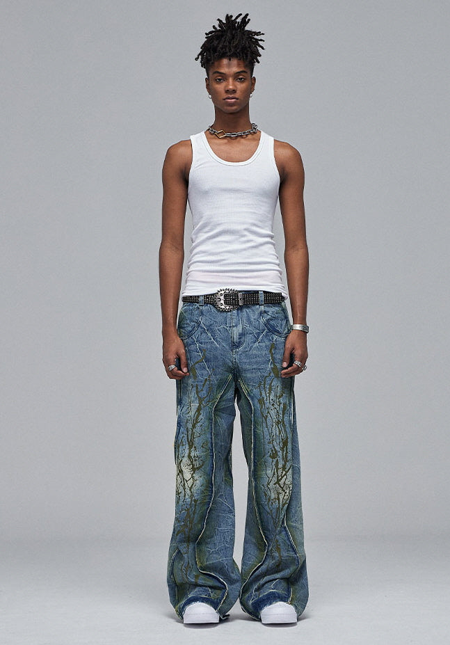Abstract Splatter Washed Wide Denim Pants