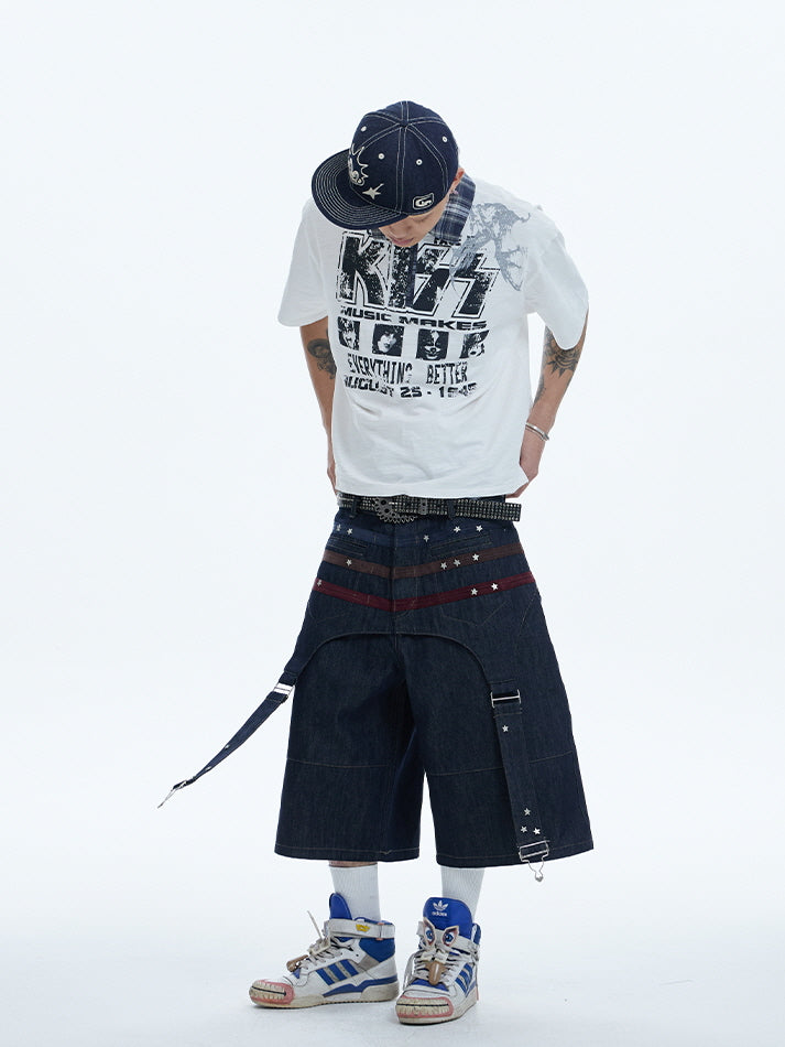 Star Panel Wide-Leg Denim Short Pants
