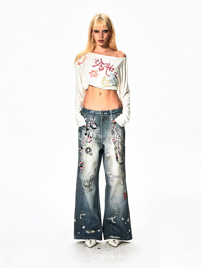 Charm Chain Graphic Wide Jeans