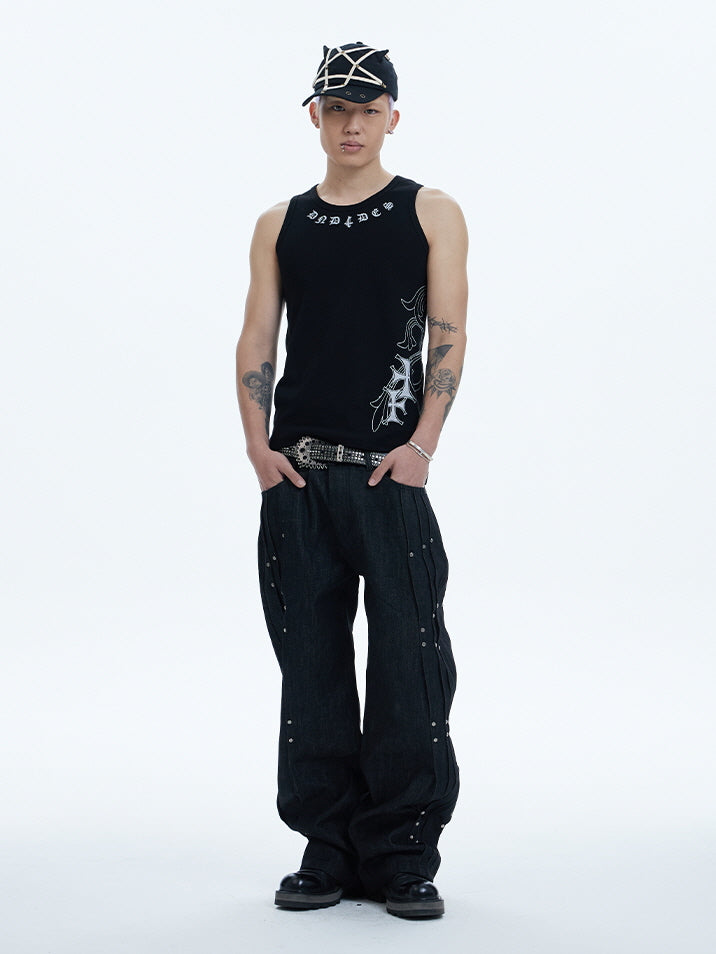 Tribal Spine Graphic Ribbed Tank Top　　