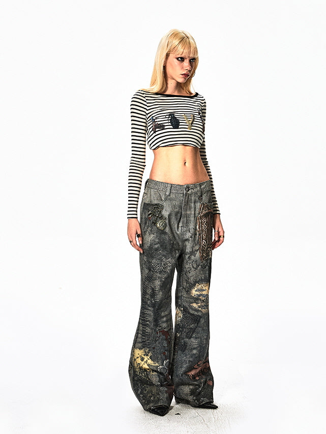 Industrial Graffiti Washed Wide Jeans