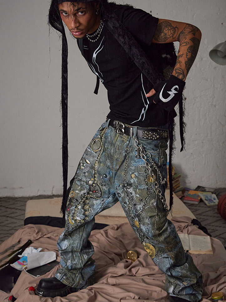 Cyber Grunge Printed Chain Denim Pants