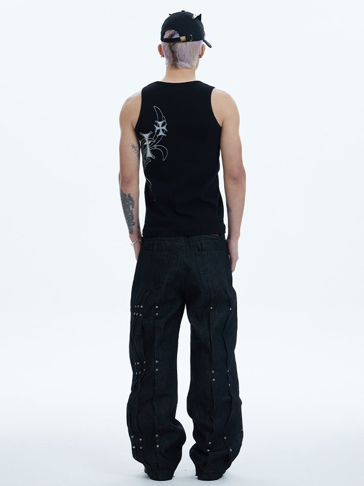 Industrial Rivet Line Wide Black Pants