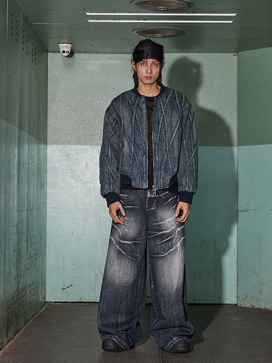 Lightning Crack Bleached Wide Denim