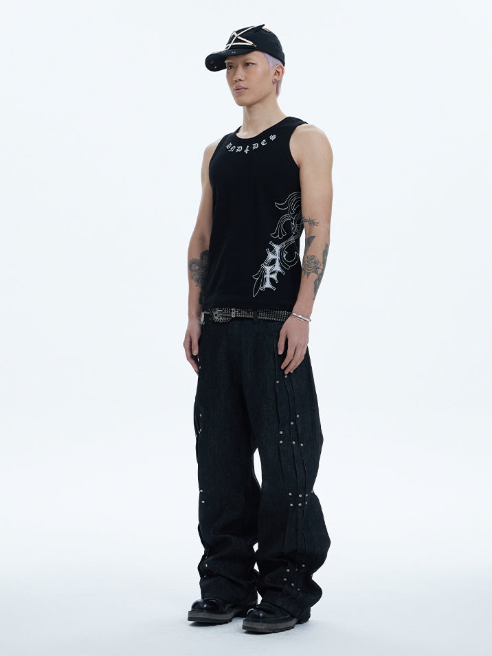 Tribal Spine Graphic Ribbed Tank Top　　