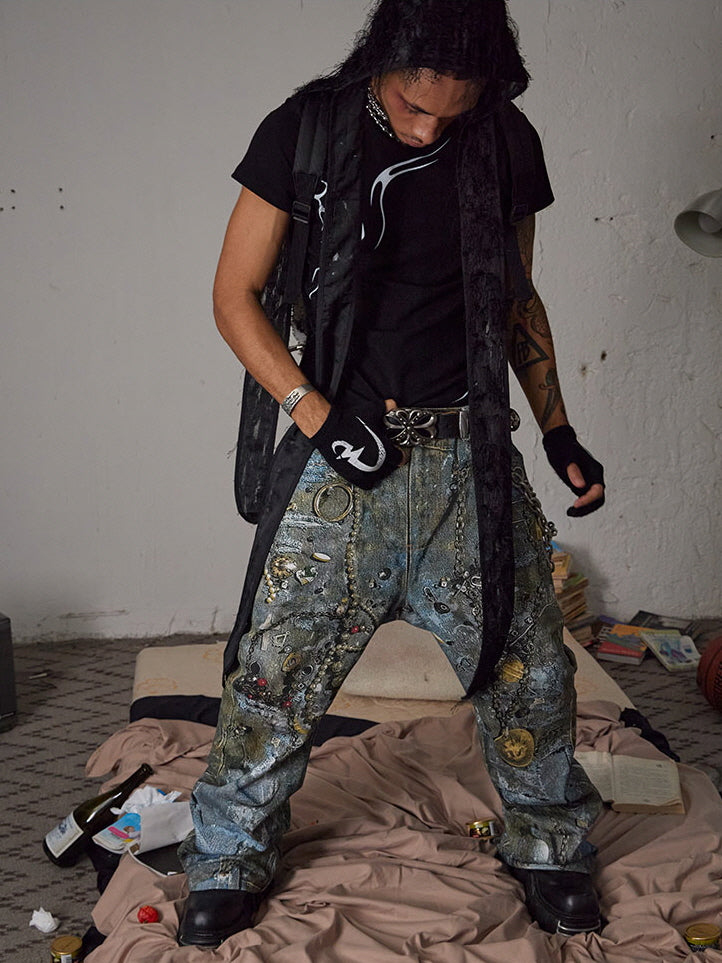 Cyber Grunge Printed Chain Denim Pants