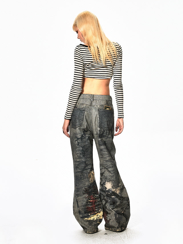 Industrial Graffiti Washed Wide Jeans