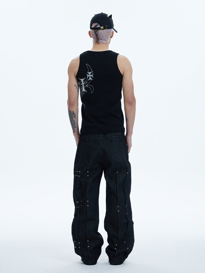 Tribal Spine Graphic Ribbed Tank Top　　