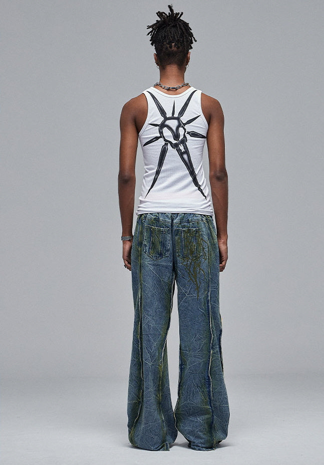 Abstract Splatter Washed Wide Denim Pants