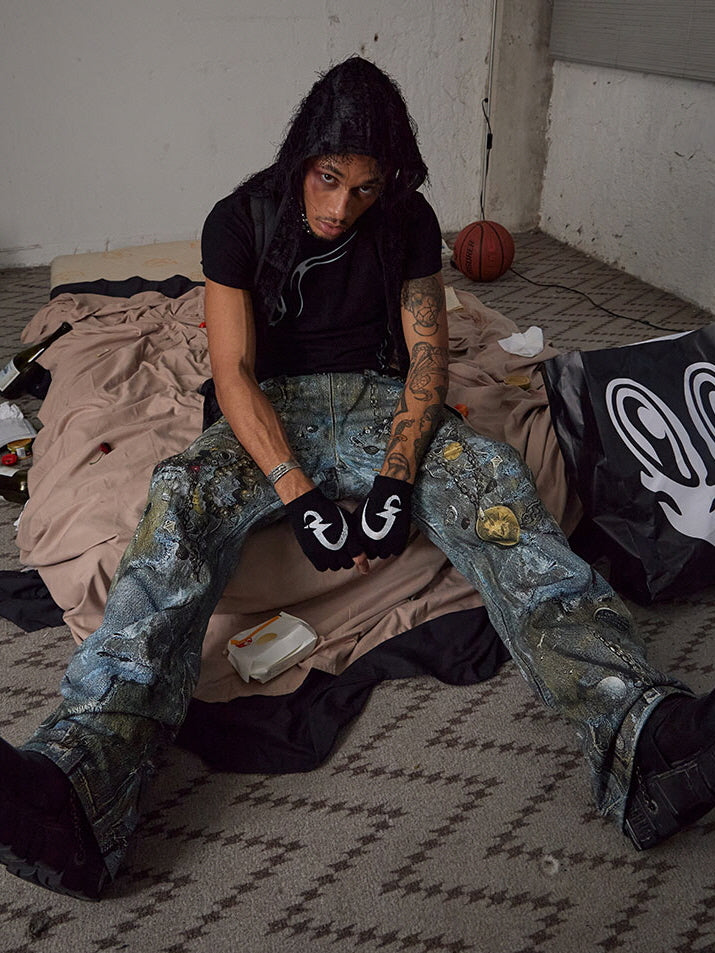 Cyber Grunge Printed Chain Denim Pants