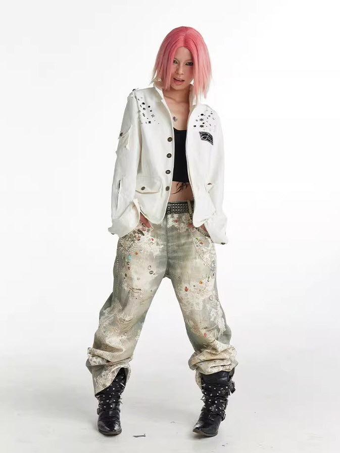 Gem Embellished Lace Patchwork Denim Pants
