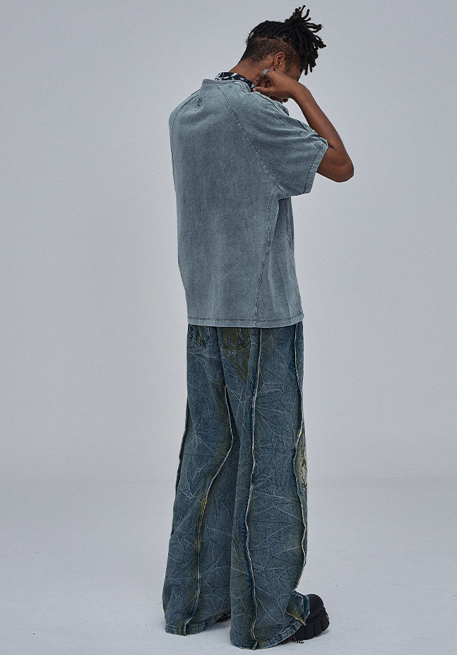 Abstract Splatter Washed Wide Denim Pants