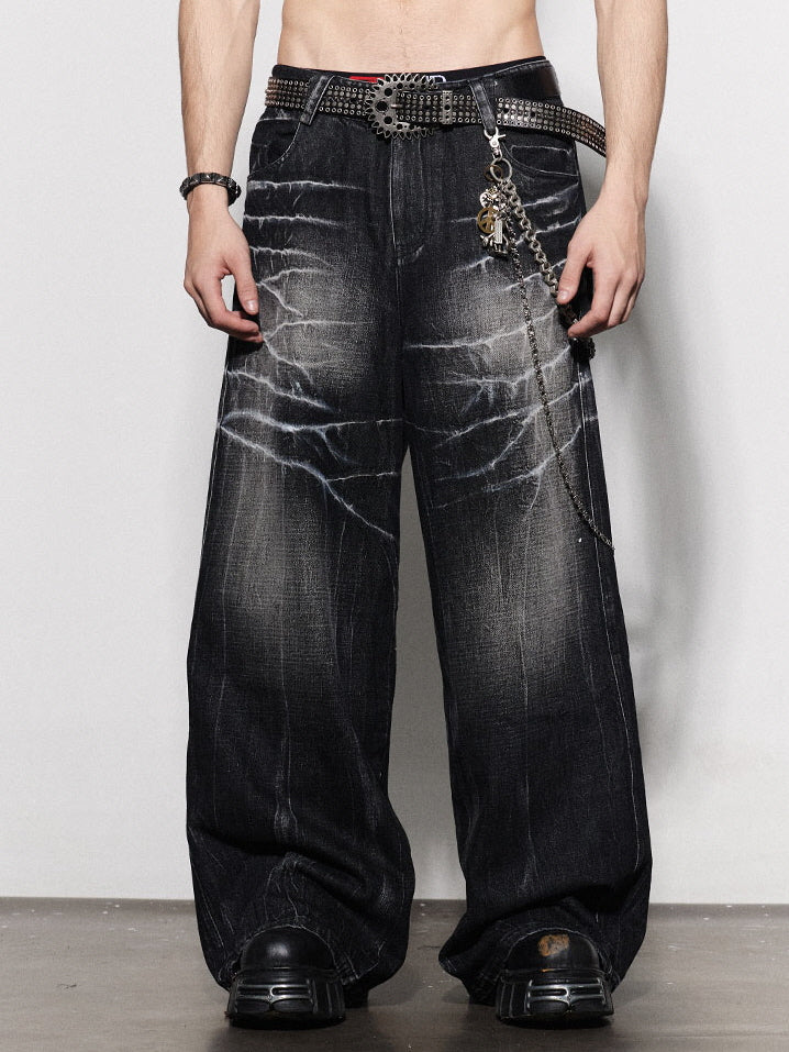 Lightning Crack Bleached Wide Denim