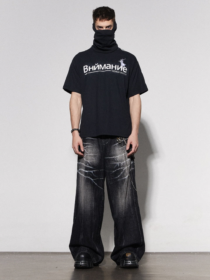 Lightning Crack Bleached Wide Denim