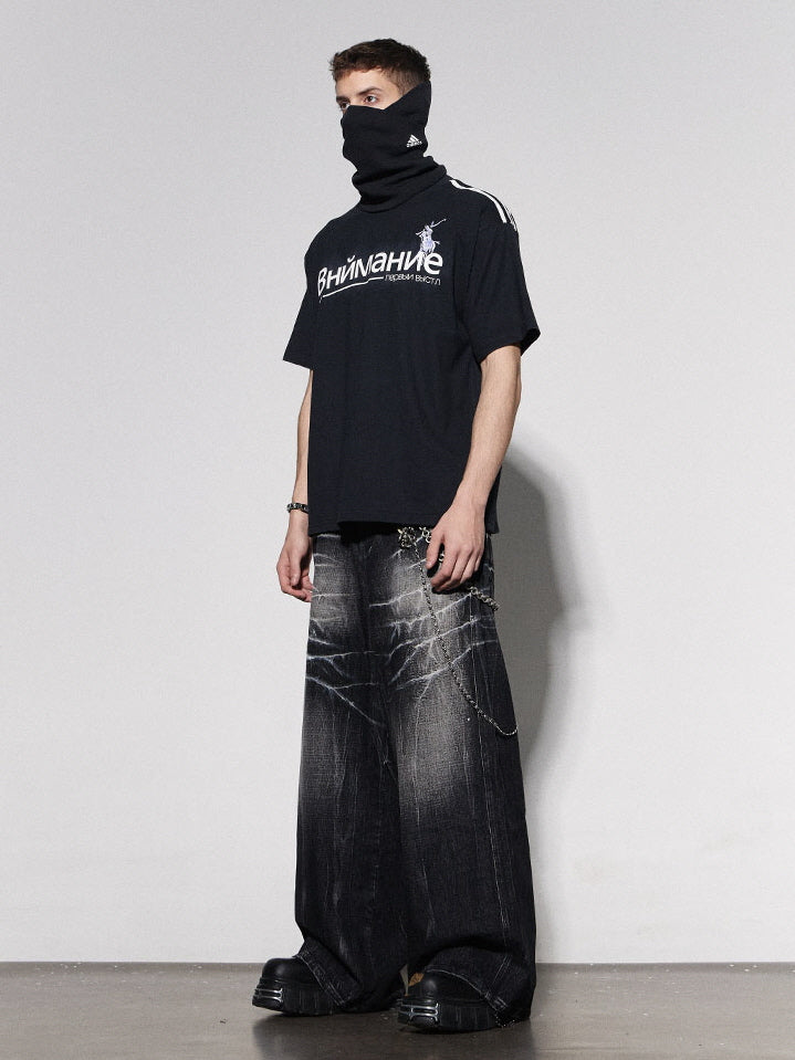 Lightning Crack Bleached Wide Denim