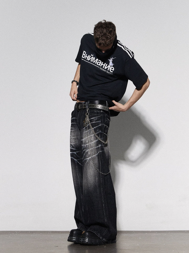 Lightning Crack Bleached Wide Denim