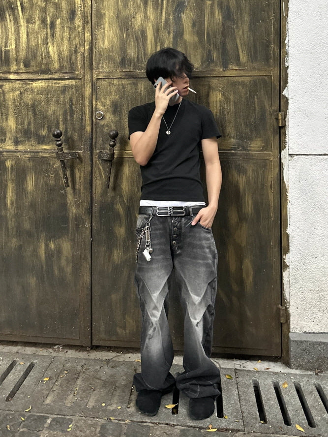 Faded Black Stacked Wide-Leg Denim Pants
