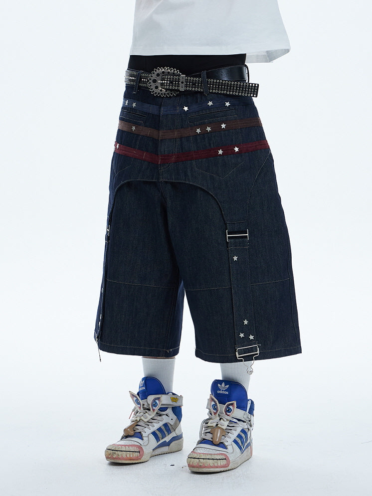 Star Panel Wide-Leg Denim Short Pants